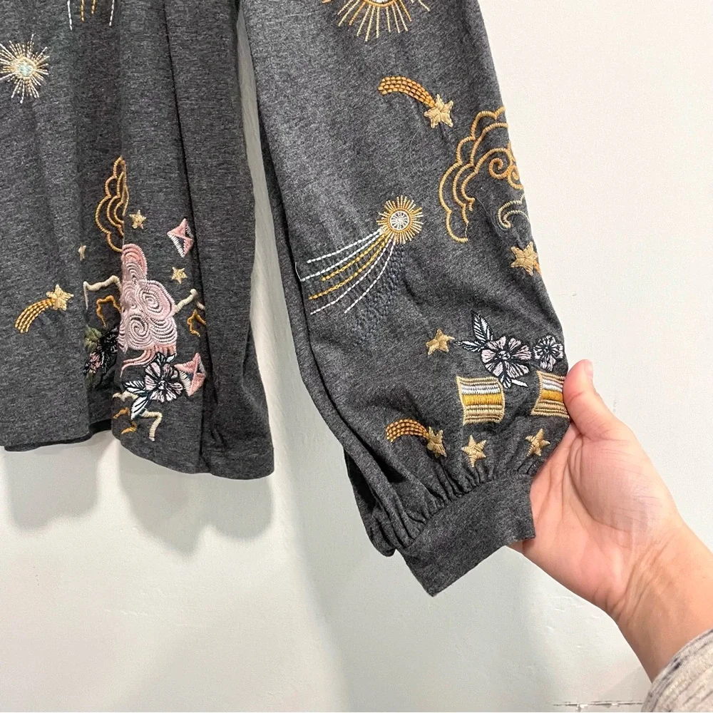Johnny Was Selah Cuffed Puff Long Sleeve Embroidered Floral Celestial Bird Top